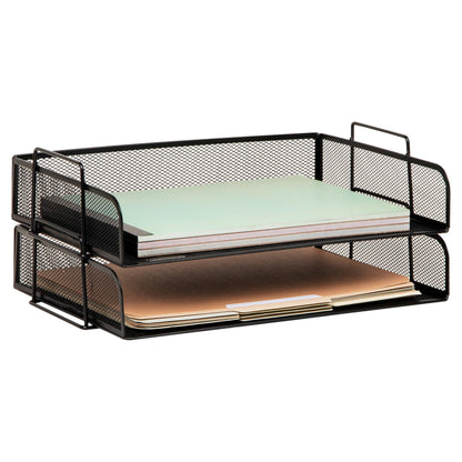Mind Reader Stackable Paper Tray, Desktop Organizer, File Storage, Office, Metal Mesh, 2 Pcs., Black