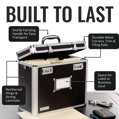 Vaultz File Organizer Storage Box - 14 x 7 x 12.19 Inch Letter Size, Portable Locking Storage Totes with Dual Combination Locks for Filing Office Documents - Black