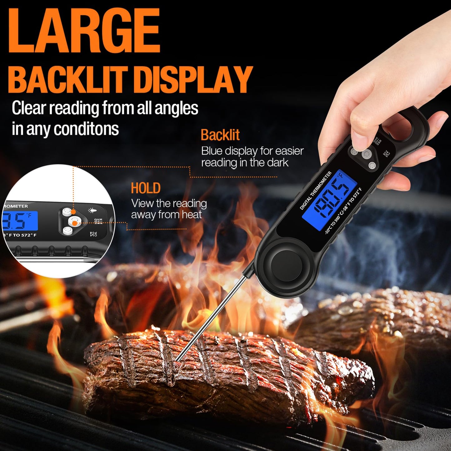 AMMZO Meat Thermometer Digital, Instant Read Food Thermometer - Waterproof for Cooking Deep Fry Oven Smoker Roast, Camping & Kitchen Essentials BBQ Accessories Grill Gifts for Men Him Dad Birthday