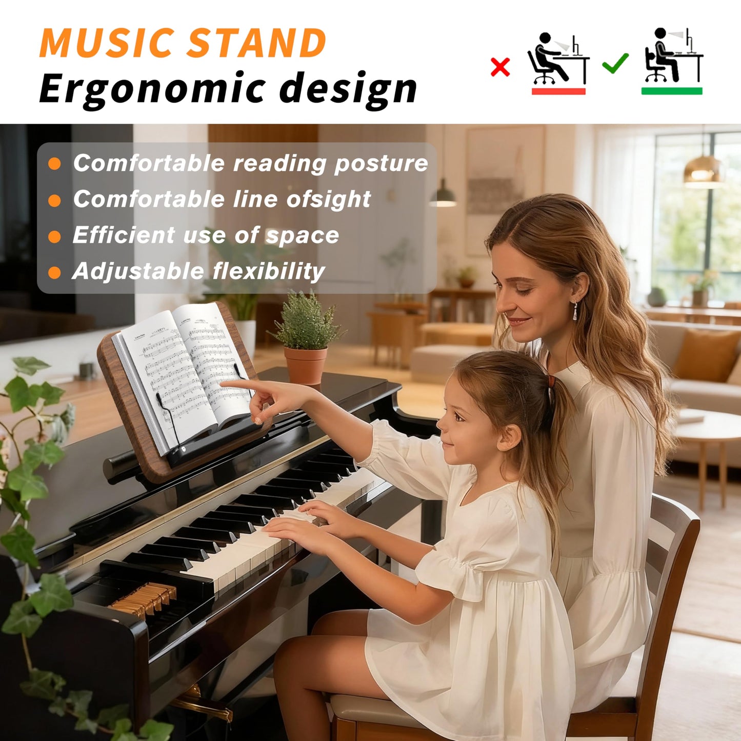 NAMON 2-in-1 Wooden Music Stand, Floor & Tabletop Sheet Music Stand with Page Clips & Tray, 16.5"-51" Adjustable Height, Ideal for Violin, Guitar, Conductors & Classroom (Walnut Effect)