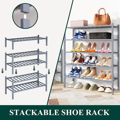 Smiry Bamboo Shoe Rack, 5 Tier Free Standing Wooden Shoe Organizer, Stackable Wood Shoe Storage Shelf for Closet, Entryway, 12 Vertical Slats, 2+2+1 Stack Standard Legs, 26.8"x11"x32.5", Grey