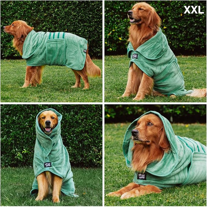 Tuff Pupper Fast Drying Dog Bath Robe | 800 GSM Plush Dog Towel Bathrobe/Dressing Gown | Super Absorbent Pet/Puppy Bathrobe | Adjustable Hood & Belly Strap | Super Soft | Fast Drying (XXL, Green)