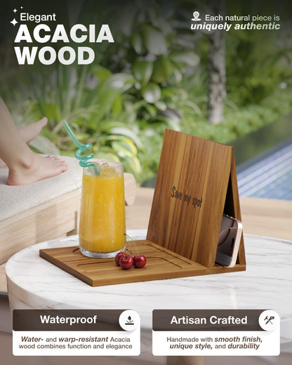 NAGAWOOD Triangle Book Holder, Book Rest, Acacia Foldable Book Nook Reading Valet, Triangle Book Stand with Cup, Pen, Glasses and Phone Holder for Bedroom, Nightstand or Office, Gifts for Book Lover