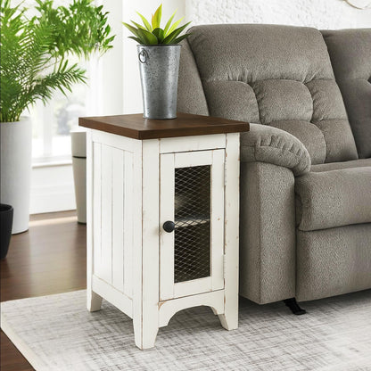 Signature Design by Ashley Wystfield Farmhouse Chair Side End Table with Cabinet Door for Storage, White & Brown with Distressed Finish
