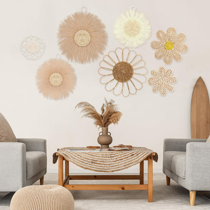Chunful 7 Pcs Boho Wall Basket Decor Rattan Flower Wall Decor Nursery Daisy Flower Woven Macrame Hanging Flowers for Baby Kids Girls Farmhouse Bedrooms Living Rooms Kitchen Home(Light Beige Yellow)