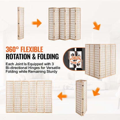 VEVOR Room Divider, 6 Panel Japanese Room Divider, Wood Folding Privacy Screen Indoor, Partition Dividers Portable Decoration Screens, for Room Separation Home Office Restaurant & Bedroom(Natural)