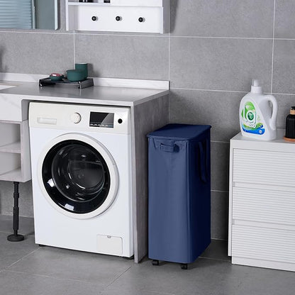 Slim Laundry Hamper with Lid and Wheels, Small Rolling Laundry Basket with