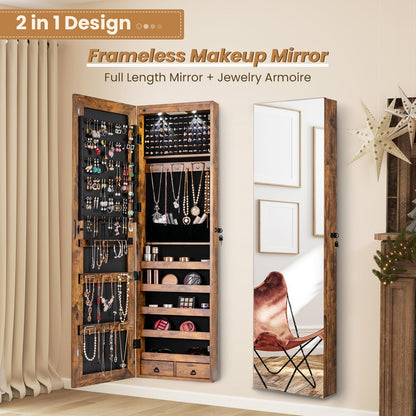 NAFORT 2 LEDs Full Length Mirror with Jewelry Armoire, Jewelry Organizers and Storage with 2 Mounting Options, 47.5”H Jewelry Cabinet with 2 Drawers, Make up & Lockable Jewelry Box, Rustic Brown