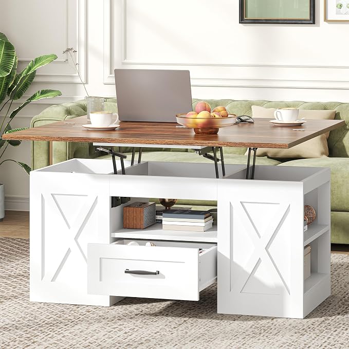 kepptory 39.4'' Lift Top Coffee Table with Storage, 4 in 1 Multi-Function Convertible Coffee Tables for Living Room, Farmhouse Coffee Table with Open Storage Compartment & Drawers (Brown&White)