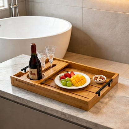 Bamboo Serving Tray with Wine Glass Holder, Couch Snack Tray with Handles for Wine, Cheese and Fruit, Movie Night Tray for Sofa, Coffee Table, Wedding and Housewarming Gift
