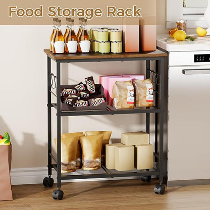 BEWISHOME Rolling Kitchen Cart 3 Tier, Microwave Kitchen Cart with Storage Function, Practical Roller Cart with 4 Locking Wheels for Kitchen, Living Room, Bathroom, Office, Bar (Brown) 99ZCC01H