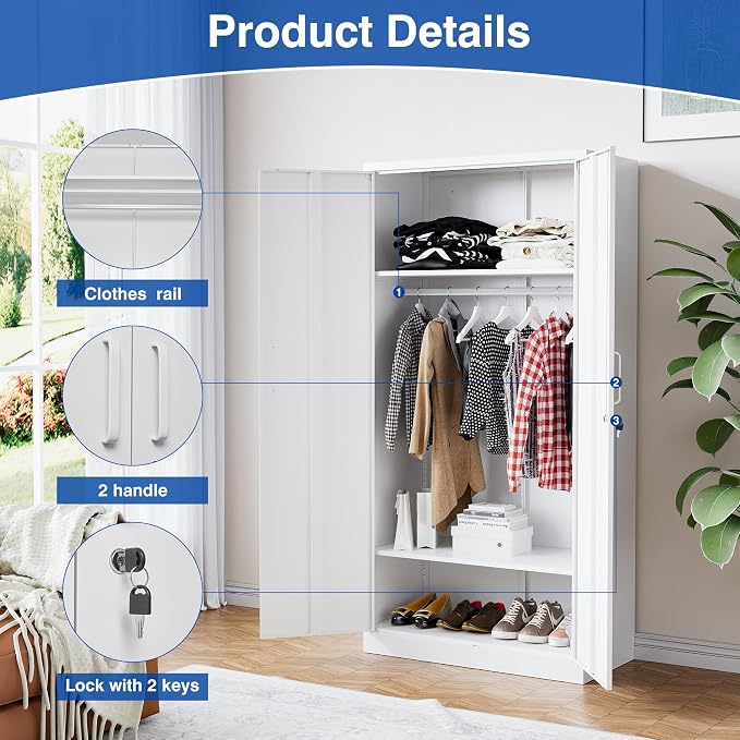 BYNSOE Metal Storage Cabinet 72'' Metal Locker with Locking Storage Locker with Hanging Rod for Office Hospital Require Assembly (White)