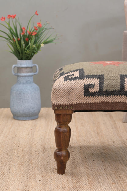 NATURAL FURNISH Solid Wood Upholstered Footstool | Handmade Southwestern Pattern Ottoman with Turned Wooden KD Legs | Decorative Accent Stool for Living Room, Entryway & End of Bed (Gray and Tan)