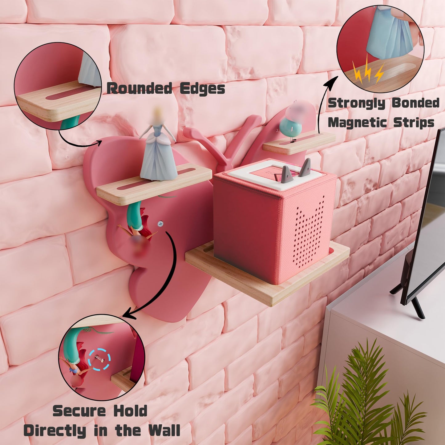 Eostbe Butterfly Tonie Shelf - Pink Magnetic Wooden Floating Shelf for 8-12 Tonie Figures, Cute Wall Mounted Kids' Tonie Storage