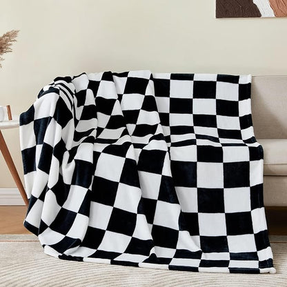 BEDELITE Checkered Twin Blanket for Couch Bed, Soft & Cozy Fleece Flannel Blanket with Checkerboard Grid Home Decor, Checkered Black, 60x80 Inches