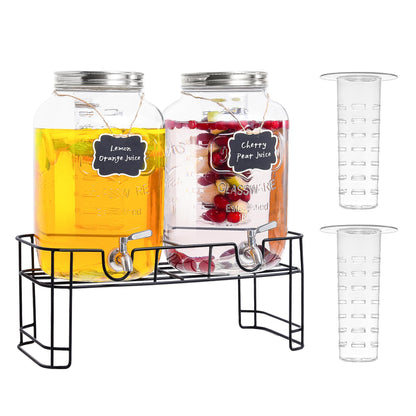 UINEAT 2 Gallon 2 PACK Glass Beverage Drink Dispensers Metal Stand and Lid,100% Leakproof Stainless Steel Spigot, Glass Water Jug Dispenser Lemonade Dispenser