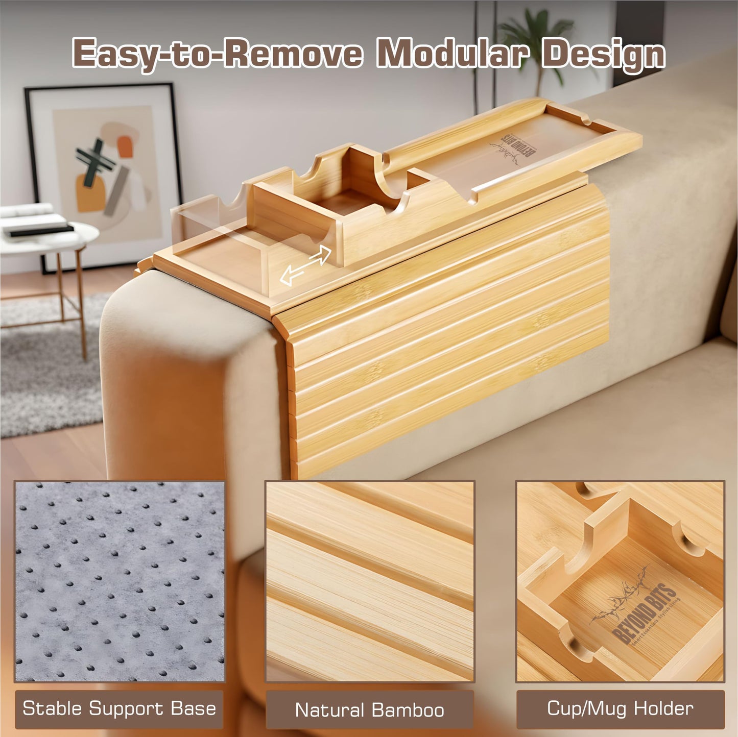 Wooden Sofa Arm Tray for Couch, Cup Holder & Armrest Organizer – Non-Slip Couch Arm Tray, Couch Cup Holder for Drinks, Snacks & Remotes – Flexible Couch Tray for Drink, Armrest for Living Room