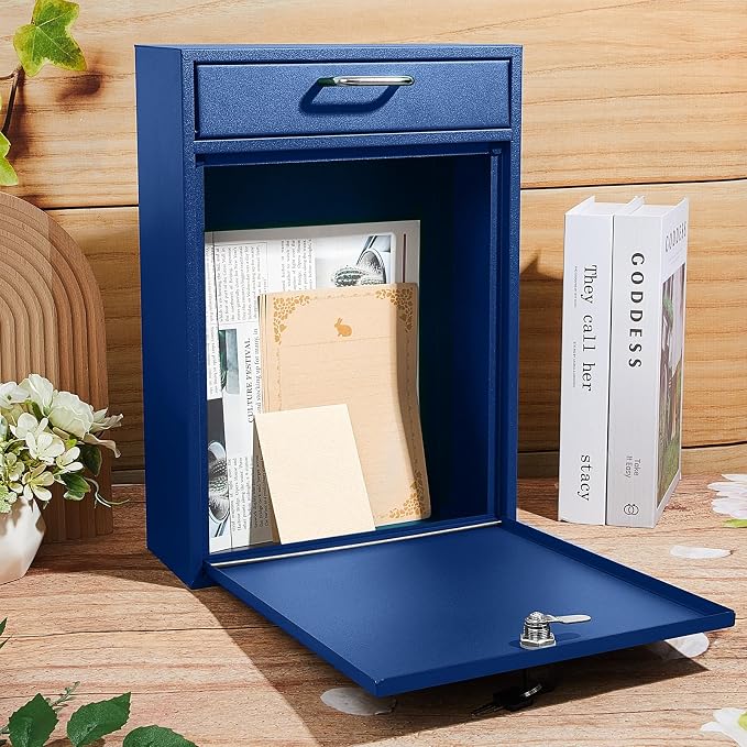 Yaocom Locking Mailbox with Key for Outdoor 16.2 x 11.2 x 4.7 Inches Large Wall Mount Mail Box with Lock Security Mail Drop Metal Collection Boxes Hanging Secure Postbox(Dark Blue)