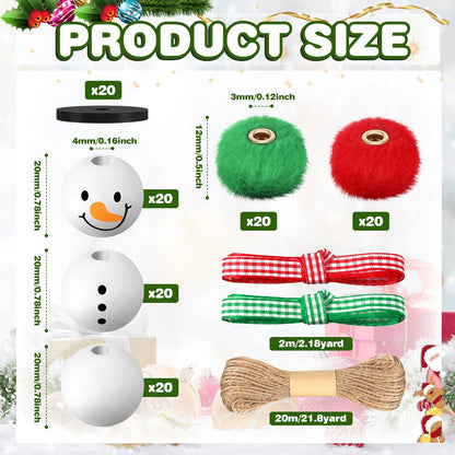 Amyhill 120 Pcs DIY Christmas Snowman Wooden Beads for Craft, Fuzzy Faux Fur Poms, Winter Wood Beads Buffalo Plaid Colorful Print with Twine, for Party Xmas Santa Tree Jewelry Home(Red Green)