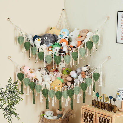 Pretty Jolly Macrame Stuffed Animal Hammock with Beads Hand Woven Leaf Tassels Corner Hanging Net Boho Plush Holder for Toys Kid Room Nursery Decor Organizer for Girls Gift(Sage Green&Avocado Green)