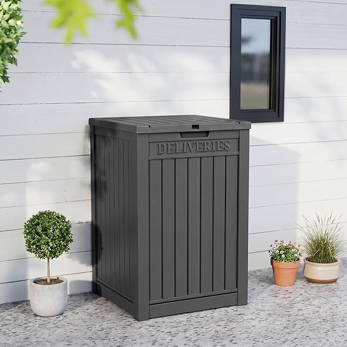 55 Gallon Package Delivery Boxes Outside Secure Waterproof Resin UV Resistant Lockable Mail Parcel Drop Mailbox Storage Deck Box for Outdoor Porch Patio Black
