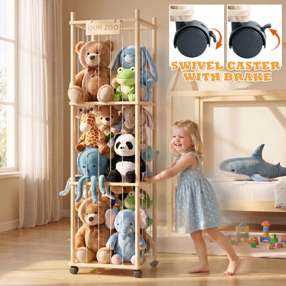 Stuffed Animal Storage Organizer Zoo Tower, Large Wooden Plush Toy Organizer & Holder with Elastic Cords & Brake, Plushies Storage for Playroom Bedroom Nursery, Natural Solid Wood, Easy Assembly