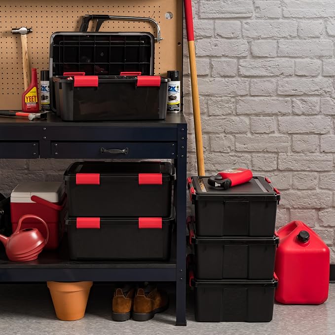 IRIS USA WeatherPro 31 Qt Storage Bins with Lids, 6 Pack, BPA-Free Plastic Gasket Box with Tight Latch and Seal, Stackable Nestable Tote Tub - Black/Red
