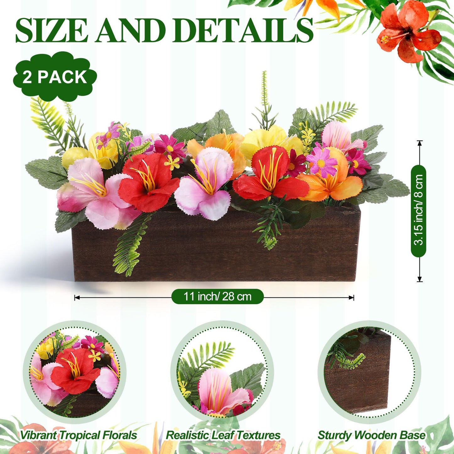 Rivvlive 2PCS Artificial Hibiscus Flowers Table Centerpieces in Wooden Box, 11 inch Summer Beach Wood Box with Realistic Hibiscus Fake Floral Decoration for Hawaiian Luau Beach Party Dining Table