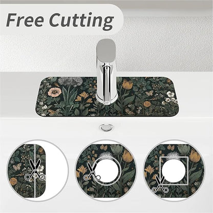 Kitchen Sink Splash Guard，Dark-green black flowers Faucet Mat Sink