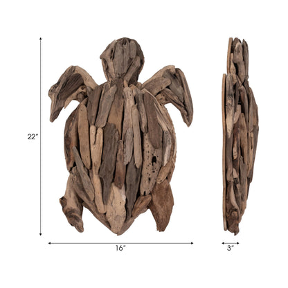 Wooden Driftwood Turtle Sculpture – Relaxed Coastal Room Decor Accent, Living Room or Patio Wall Display, Organic Texture and Artful Home Decor Silhouette – 16"x 22"x 3", Brown