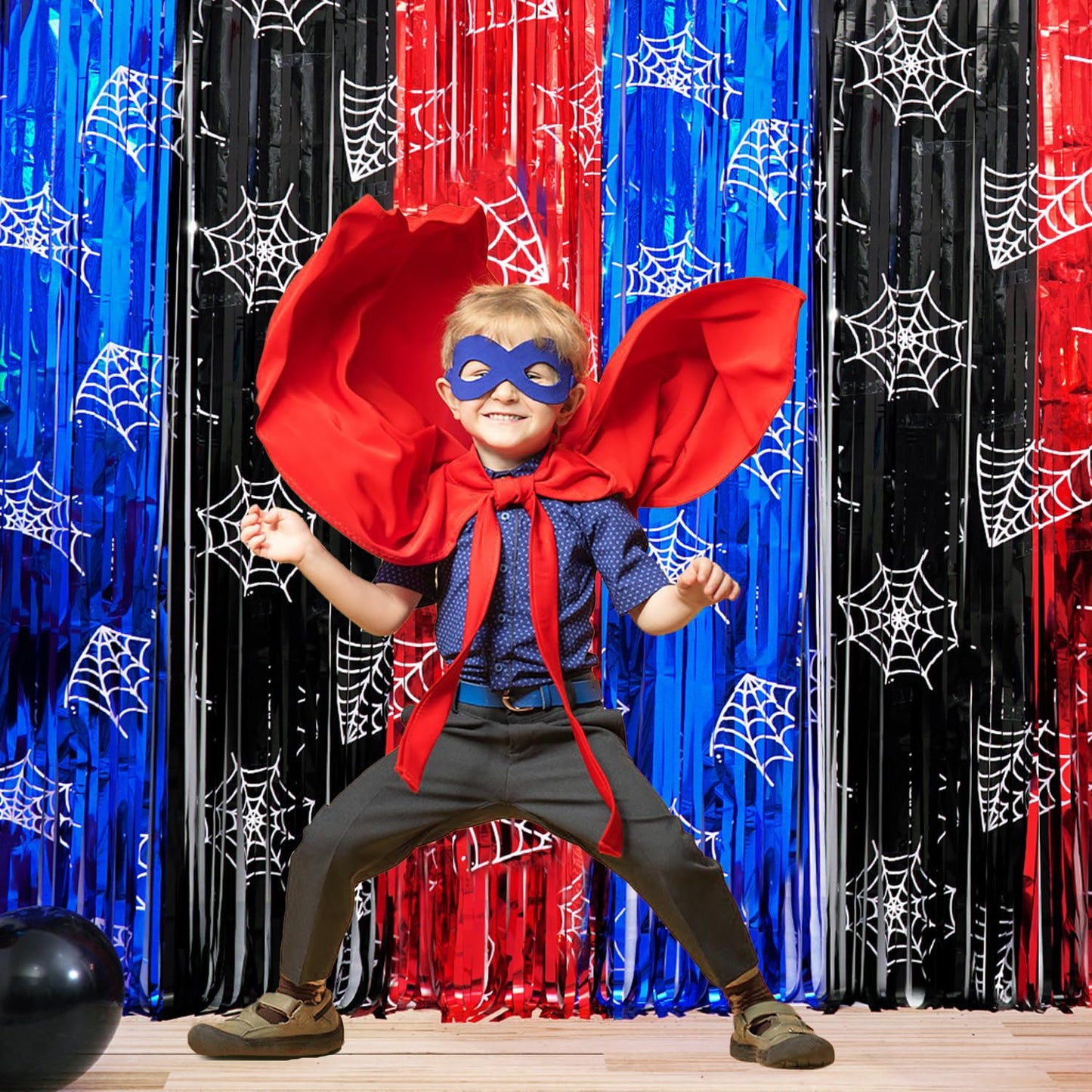 Spider Birthday Party Decoration, including 2Pack Spider-web Printing Foil Fringe Curtains, 1pack Spider Themed Birthday Banner & Balloons for Spide-party Photo Booth Props Streamers Backdrop Decor