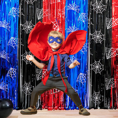 Spider Birthday Party Decoration, including 2Pack Spider-web Printing Foil Fringe Curtains, 1pack Spider Themed Birthday Banner & Balloons for Spide-party Photo Booth Props Streamers Backdrop Decor