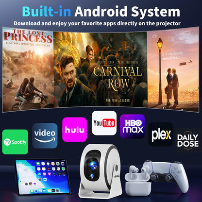 Mini Projector 4K 1080P [Built-in Apps] 2026 Upgraded Projector Portable, Auto Focus & Auto Keystone 360° Rotatable, with WiFi 6 & Bluetooth 5.4 Compatible with HDMI/TV Stick/USB/Laptop,White