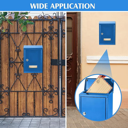 Amylove Weatherproof Mail Boxes with Key Lock, Security Locking Wall Mount Metal Mailbox with Slot for Outside, Large Capacity for Mail, Packages, Donations, Voting 11.8" H x 8.3" L x 2.8" W, Blue