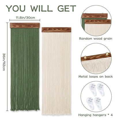 KHOYIME Macrame Wall Hanging Boho Chic Home Decor, 2PCS Bohemian Green Beige Tassel Yarn Tapestry Modern Handmade Large Wall Art Decorations for Living Room Bedroom Nursery Backdrop 11.8''W x 36''L