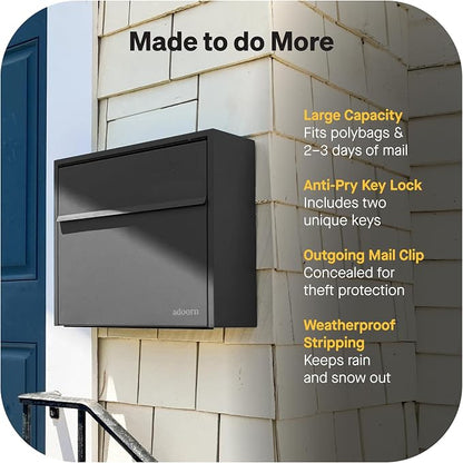 Adoorn Lockable Wall Mount Mailboxes for Outside - Small Anti-Theft Locking Mailbox for Letters - Weatherproof Construction - Durable Steel - 13.5" H x 15" L x 5.5" D - Black