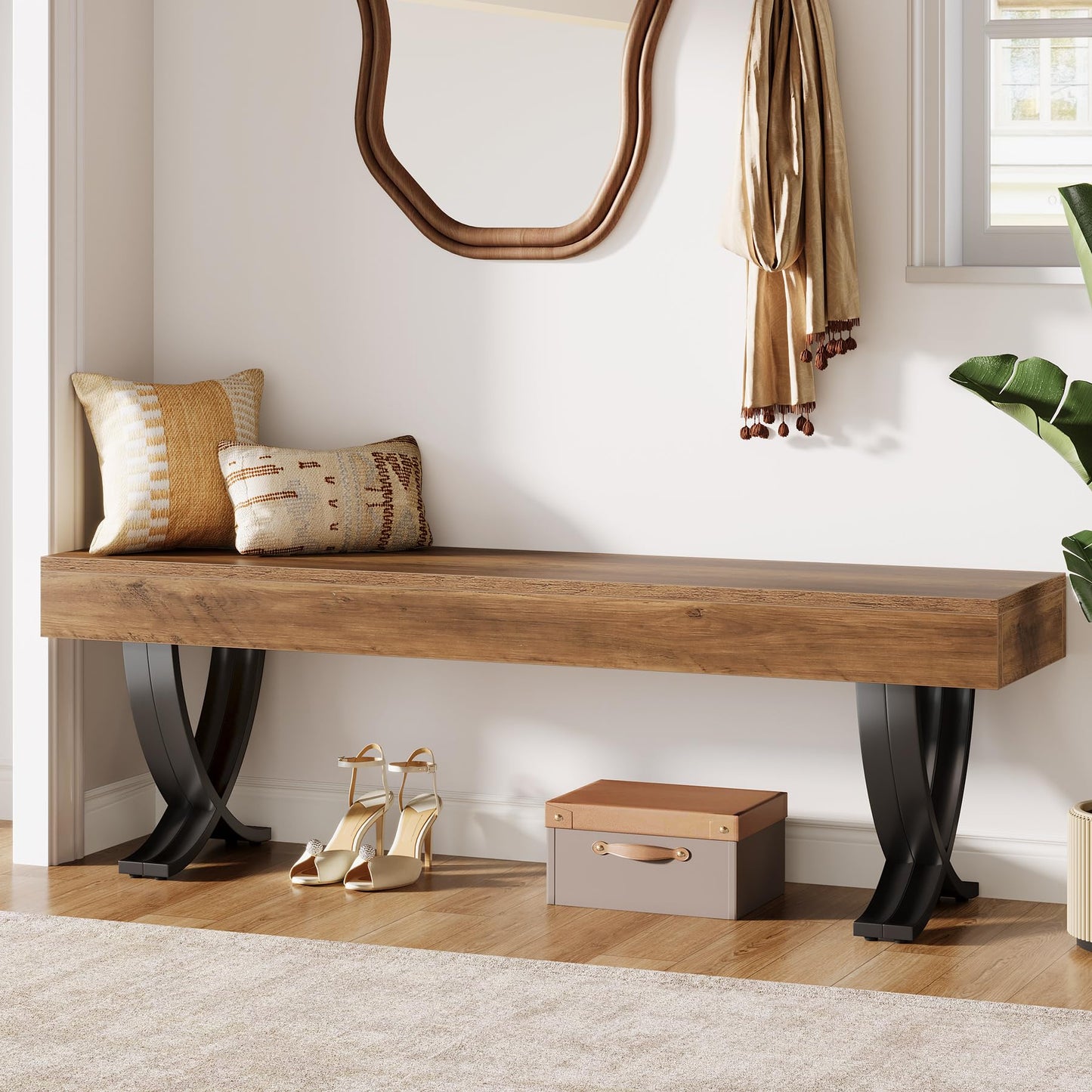 Tribesigns Entryway Shoe Bench, 55-Inch Wooden Shoe Bench with Metal X-Shaped Legs, Industrial Long End of Bed Stool with Seating for Bedroom, Living Room, Hallway, Porch