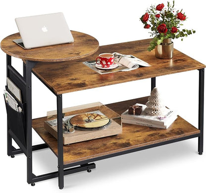 WLIVE Coffee Table, Small Coffee Tables for Living Room, Modern Center Table and Side Table Set with Storage Side Pouch for Bedroom, Apartment, Rustic Brown