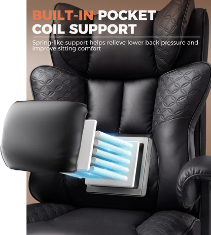 GTPLAYER Big and Tall Office Chair Wide Ergonomic Gaming Chair with Deluxe Embossing Designed Leather with Foot Rest,150°Reclining Adjustable Soft Armrests Pocket Spring Back Support and Pillow