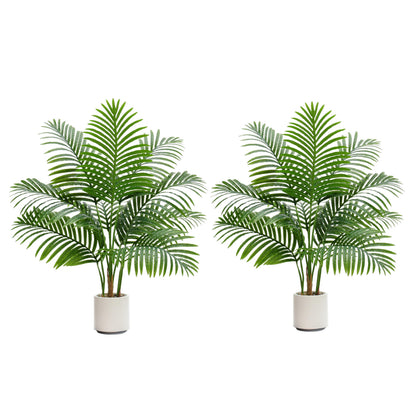 2 Pack Artificial Palm Tree Indoor Plant 3FT Tall Fake Tropical Palm Tree in Pot, Real Bark Design Faux Areca Palm Tree for Home Office Living Room Bedroom Farmhouse Modern Outdoor Topiary Tree