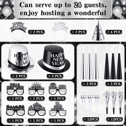 Junkin 54 Pcs New Years Eve Party Supplies 2026 Kit for 24 Guests Include Top Hats Cone Hats Glasses Headbands Blowing Dragon Trumpet Happy New Year Decorations Bulk Party Favors (two-tone)