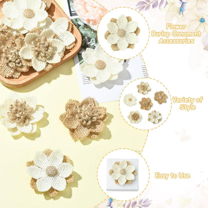 LiQunSweet 24 Pcs 6 Styles Handmade Natural Burlap 3D Fabric Flowers Burlap Rustic Ornament Accessories for Hat DIY Handmade Crafts Home Embellishment Wedding Party Decoration