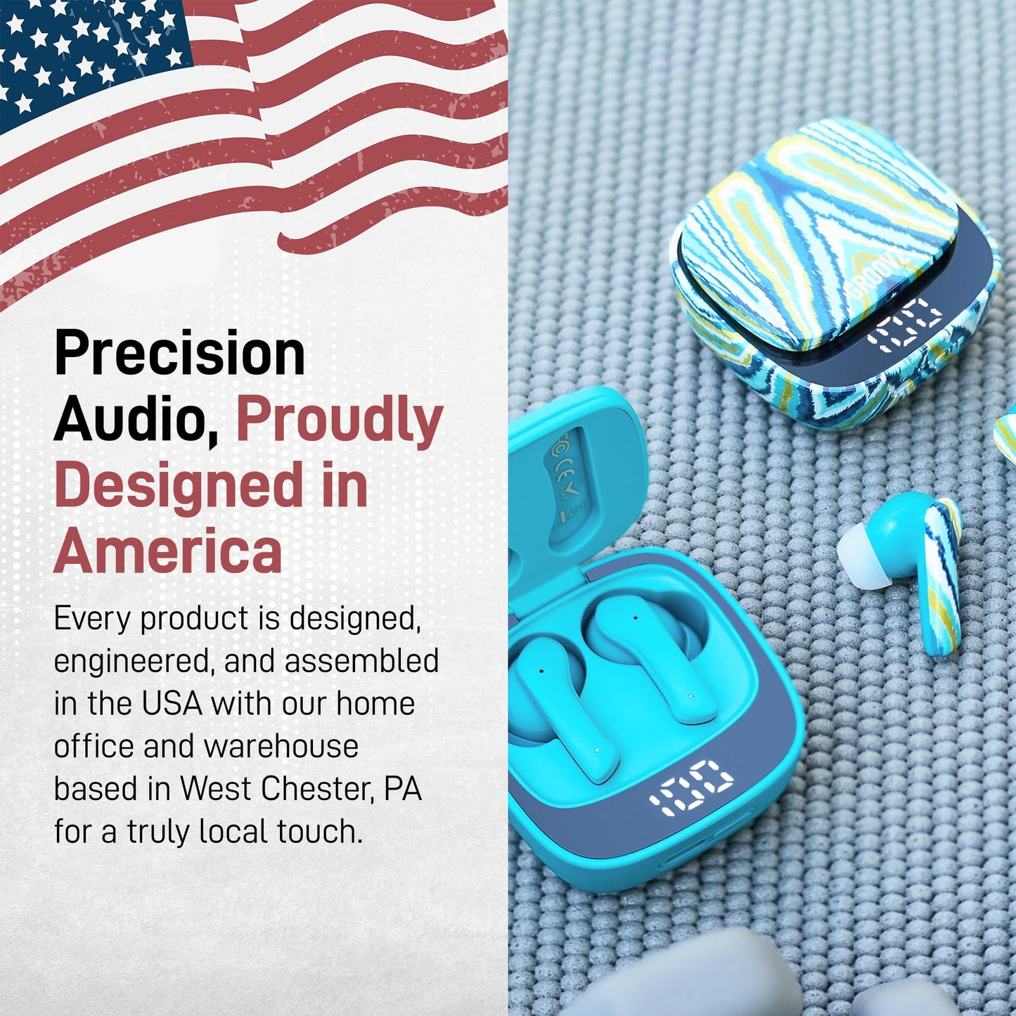 Groovz True Wireless Earbuds with Charging Case - Designed and Engineered in The USA - IPx4 Water Resistant Bluetooth Earbuds Compatible with Apple and Android - 27Hrs Battery Life - Teal