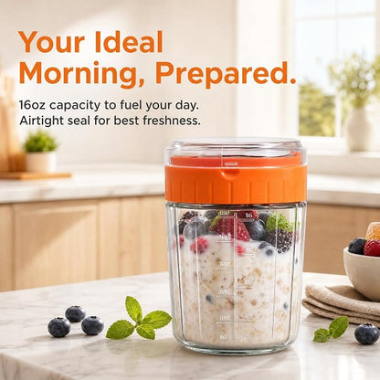EONJOE Overnight Oats Containers with Lid and Spoon - 16oz Glass Mason Jars for Meal Prep, Yogurt,Pudding- Set of 4