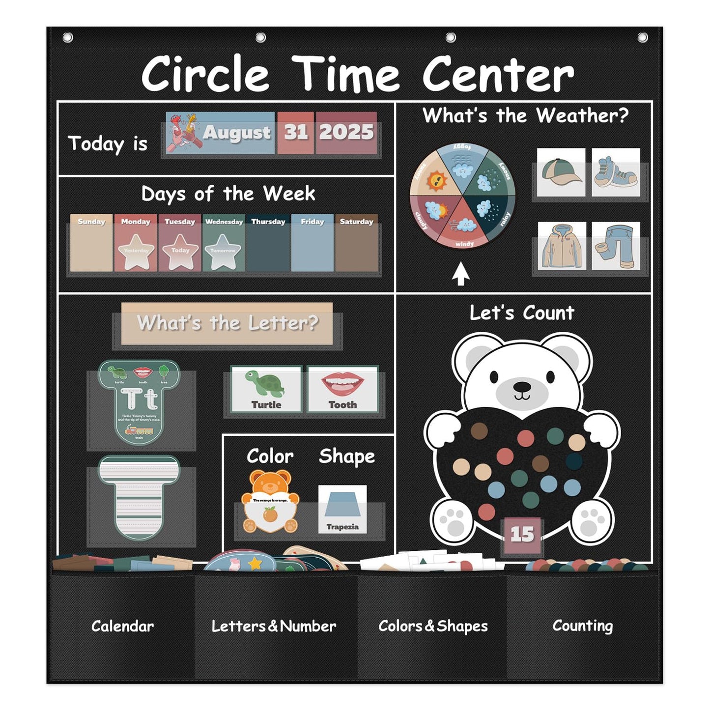 Circle Time Learning Center Pocket Chart for Classroom, Dry Erase Alphabet & Number Flash Cards, Write ABC Letter Tracing Writing Practice Games for Kids, Learning Weather Counting Color Shape