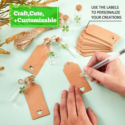 Cinnvoice 50 Sets St. Patrick's Day Cork Stoppers Glass Bottles Dried Pressed Four Leaf Clover Tiny Wishing Bottle Real Natural Four Leaf Clovers Mini Vials with Labels Ropes for DIY Crafts Wedding