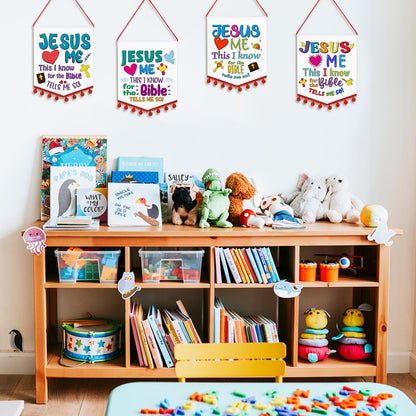 VitalCozy 24 Sets First Communion Banner Kit Sunday School Christian Crafts for Kids Color Your Own Religious Banners for Kids DIY Jesus Loves Me Banners, Sunday School Party Favor Game Activities