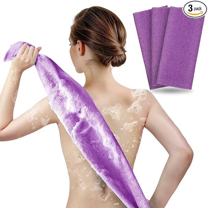 ARCH&M Exfoliating Washcloth Towel, Purple, 3-Pack | Textured Nylon, Korean Bath Scrub & Japanese Washcloth, For Body, Back, & Legs, For Ingrown Hairs & Smooth Skin
