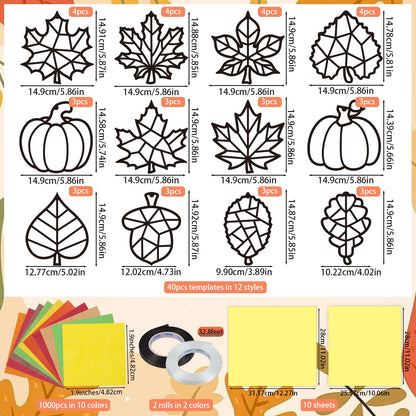 Renbuzhu 40PCS Fall Crafts Bulk: Leaves Pumpkins Paper Suncatchers DIY Kit for Autumn Thanksgiving Activities Decorations, Window Stained Glass Effect Art Supplies(Black Frame)