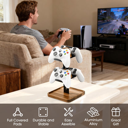 blingwider Game Controller Wood Stand for Desk, Adjustable 2 Tiers Game Controller Holder for PS/Xbox/Switch/Nintendo,Dual Tiers Controller Holder On The Desk,Solid Wood,4-in-1 Black